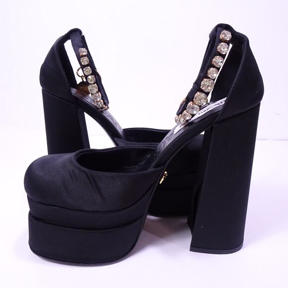 Versace Aevitas Medusa Satin Leather Crystal Charm Double Platform Sandals Sz 37 - Picture 12 of 16